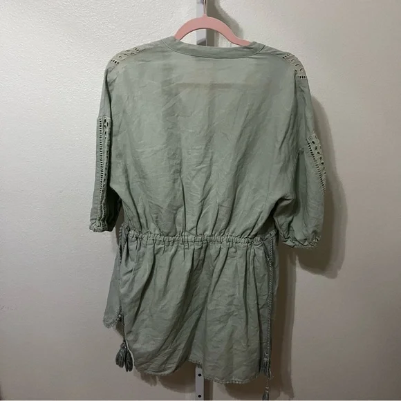 Zara Sage Green Linen Blend Eyelet Tassel Mini Dress Womens Medium - Picture 11 of 11